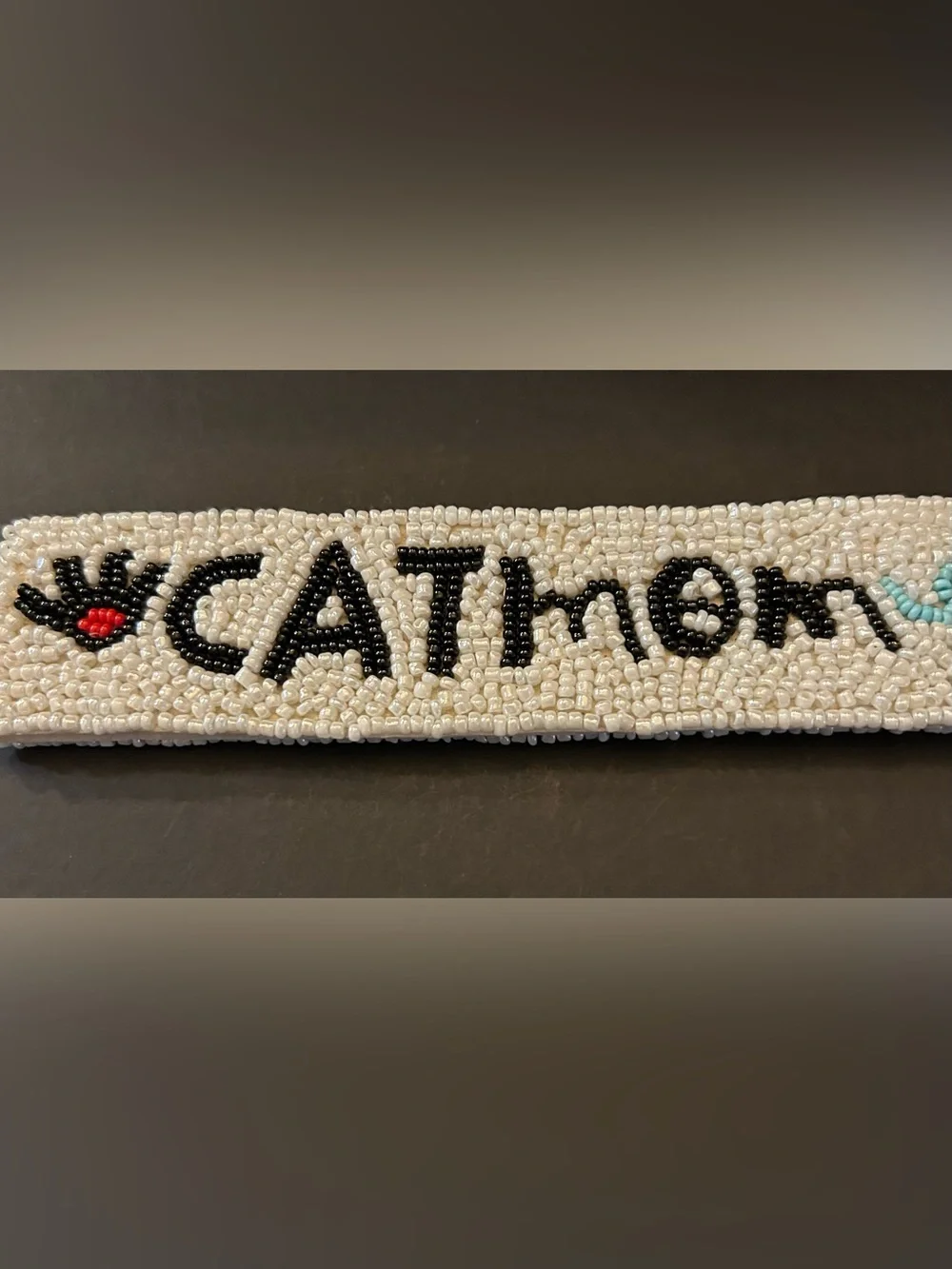 Handmade Comfy Beaded 'CATmom' Wristlet Bag Charm – White, Black, Red & Blue